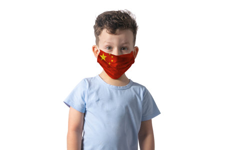 Respirator with flag of People's Republic of China White boy puts on medical face mask isolated on white background.の写真素材