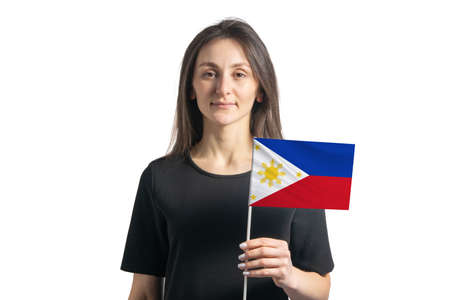Happy young white girl holding Philippines flag isolated on a white background.の写真素材