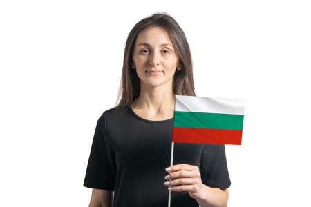 Happy young white girl holding Bulgaria flag isolated on a white background.の写真素材