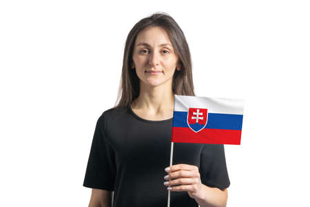 Happy young white girl holding Slovakia flag isolated on a white background.の写真素材