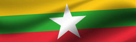 Banner with the flag of Myanmar. Fabric texture of the flag of Myanmar.の写真素材