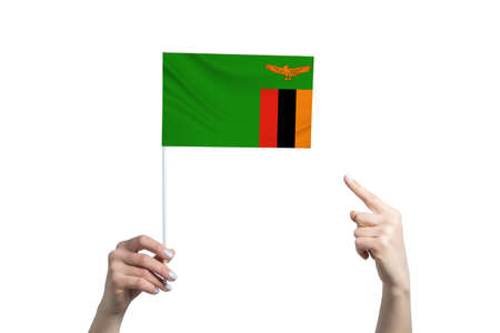 A beautiful female hand holds a Zambia flag to which she shows the finger of her other hand, isolated on white background.の写真素材