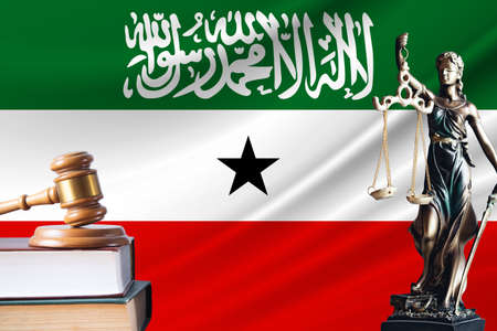 Law and justice in Somaliland. Statue of themis and the gavel of the judge against the background of the flag of Somaliland. Law and justice concept.の写真素材