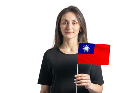 Happy young white girl holding Republic of China flag isolated on a white background.の写真素材