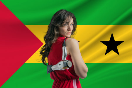 Beauty industry in Sao Tome and Principe. Happy female hairdresser holding hairdryer against Sao Tome and Principe flag backgroundの写真素材
