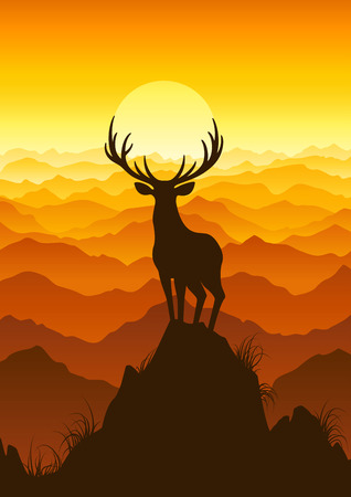 Deer at sunset. Vector illustration.のイラスト素材