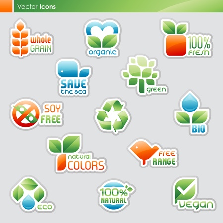 Collection of diet labels and healthy food symbols (icons and text goes outlined separately).のイラスト素材
