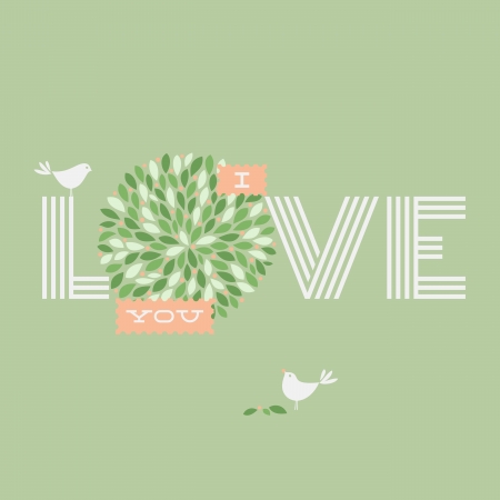 Greeting card with love lettering and two pretty birds - Vector illustrationのイラスト素材