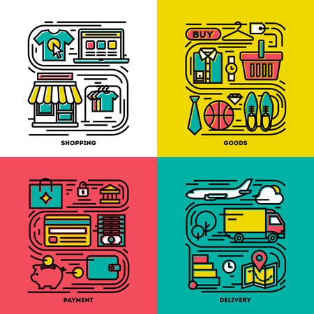Flat line icons set of shopping, goods, payment, deliveryのイラスト素材