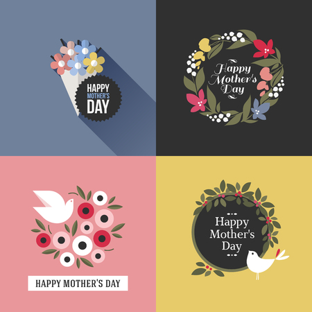 Mothers day card with pretty birds, assortment of multicolored floral decoration and greeting text messageのイラスト素材