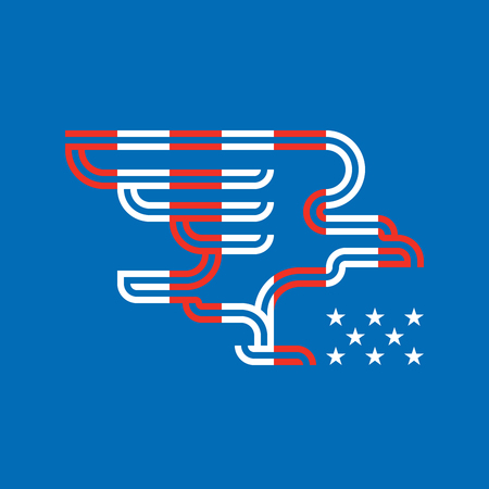 White and red striped eagle with American national heraldic symbols. Modern flat double line vector icon or logo templateのイラスト素材