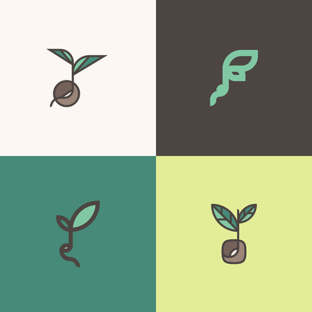 Freshly grown organic sprouts and shoots. Set of modern line logo mark templates with sprouting seeds and beansのイラスト素材