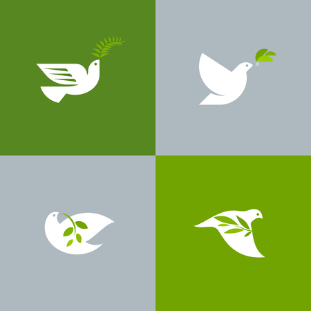 Set of peace doves. Flat style vector logo template of white pigeon with olive branchのイラスト素材