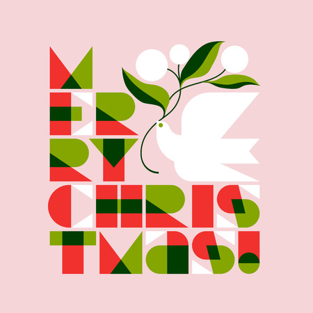 Christmas greeting card with Merry Christmas lettering and flying dove with flower bouquetのイラスト素材