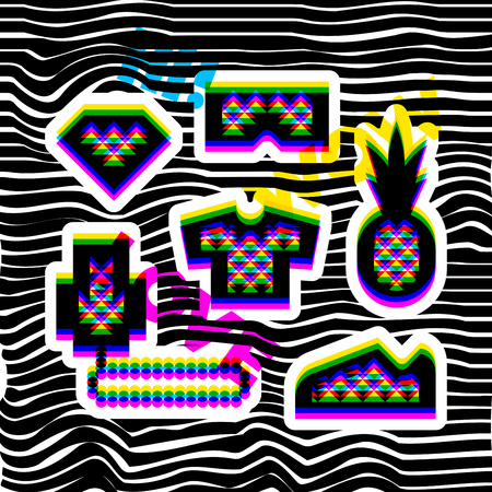 Glitch effect social network stickers in hip hop style. Contemporary geometric design elements in multiply blend mode.のイラスト素材