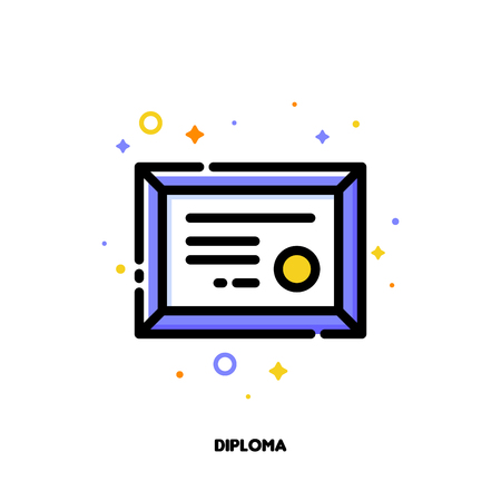 Icon of diploma with gold seal for success or winner concept. Flat filled outline style.のイラスト素材