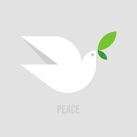 Peace dove. Flat style vector illustration of white pigeon with green leaves on gray backgroundのイラスト素材
