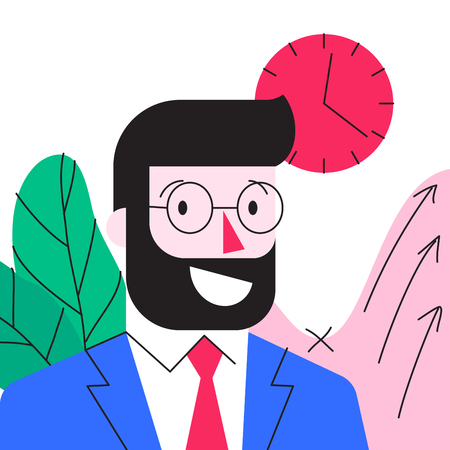 Cartoon character of smiling young bearded businessman in formal suit in office. Editable strokeのイラスト素材