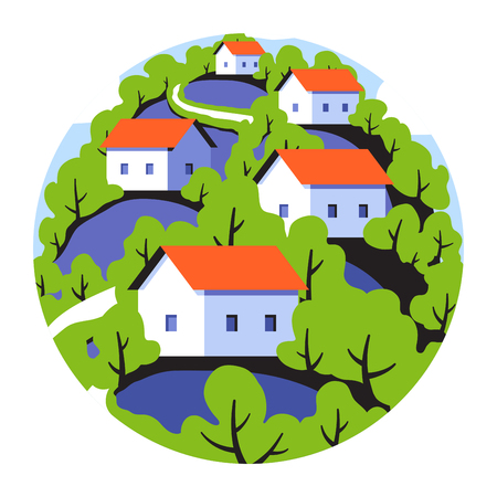 Round badge with rural landscape with cute small houses on background of green leafy forestのイラスト素材