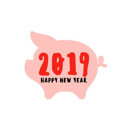 Happy Chinese New Year greeting card with pig silhouette and 2019 lettering isolated on white backgroundのイラスト素材