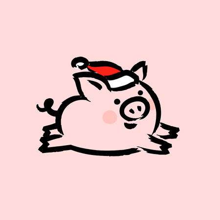Chinese 2019 New Year greeting card with cute pig in Santa hat on pink backgroundのイラスト素材