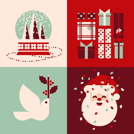 Set of retro Christmas cards with snow globe, holiday gifts, white dove and cute Santa Clausのイラスト素材