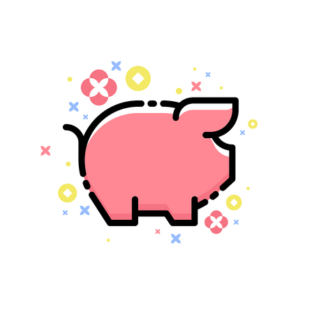 Cute pink pig and decorative elements isolated on white background. Editable strokeのイラスト素材