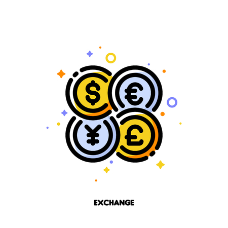 Icon of world coins for currency exchange concept. Flat filled outline style. Pixel perfect 64x64. Editable strokeのイラスト素材