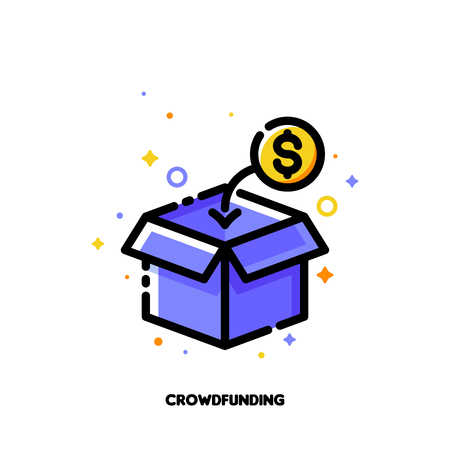 Icon of open box collecting monetary contributions from people for crowdfunding or investing into ideas concept. Flat filled outline style. Pixel perfect 64x64. Editable strokeのイラスト素材