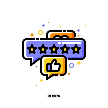 Icon of bubbles with five stars and hand thumb up which symbolize good customers product rating or positive users feedback for shopping and retail concept. Flat filled outline style. Pixel perfect 64x64. Editable strokeのイラスト素材