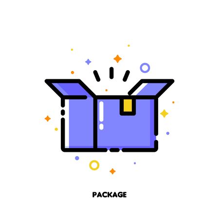 Icon of open carton package box which symbolizes delivered parcel for shopping and retail concept. Flat filled outline style. Pixel perfect 64x64. Editable strokeのイラスト素材