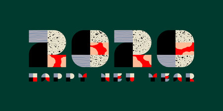Happy New Year 2020 elegant greeting card. Vintage texture numbers with abstract scribbles and...