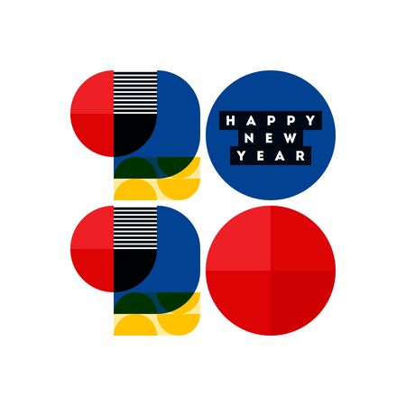 Bauhaus style numbers 2020 and happy New Year greetings isolated on white background. Elegant vector illustration in retro style for greeting card, holiday calendar, flyer or bannerのイラスト素材