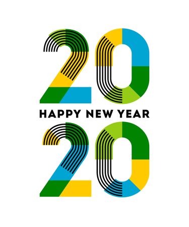 Happy New Year 2020 design. Abstract numbers with stripes and color blocks isolated on white background. Elegant vector illustration in modern style for holiday calendar, greeting card, flyer or bannerのイラスト素材