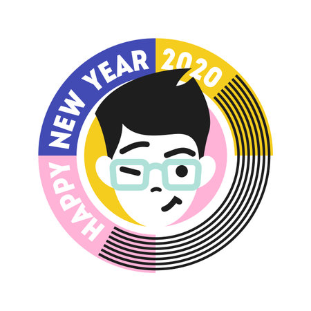 Young winking and smiling male character in round frame with text. Happy New Year 2020 cute badge...