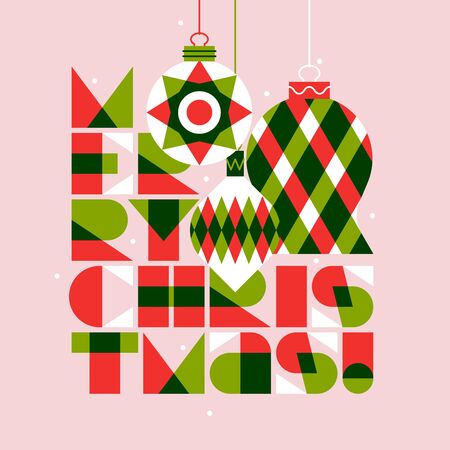 Greeting card with Merry Christmas lettering and elegant xmas balls on pink backgroundのイラスト素材