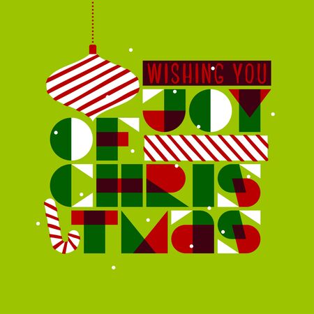 Christmas postcard with stylish seasons greetings and composition of festive elements such as xmas ball, gift, candy caneのイラスト素材