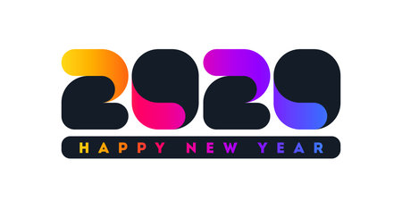 Happy New Year 2020 design with elegant black numbers and vivid rainbow gradient accents on white...