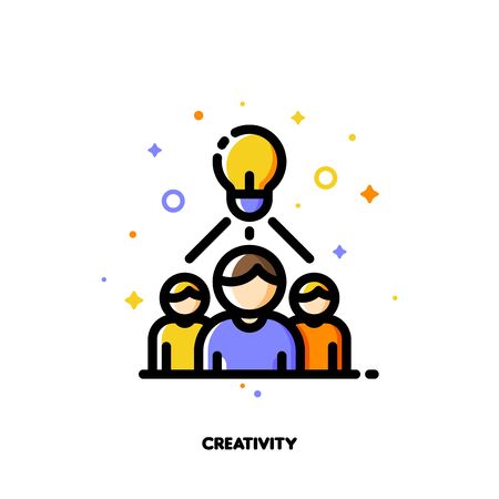 Icon with business team and light bulb as creative idea symbol for creativity concept. Flat filled outline style. Pixel perfect 64x64. Editable strokeのイラスト素材