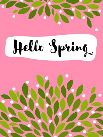 Vector illustration in simple flat style of abstract floral card with cute blossoming bush and hello spring lettering. Pastel color greeting card, banner, cover design template or social media story wallpaper with elegant flowers and leavesのイラスト素材