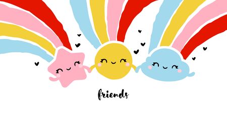 Creative vector illustration of kawaii sun, star and cloud with rainbows holding hands. Friendship theme funny design for cute greeting card or cool posterのイラスト素材