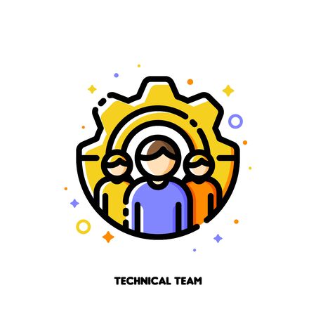 Icon of three persons on a background of gear as working process symbol for technical support or project development optimization team concept. Flat filled outline style.のイラスト素材