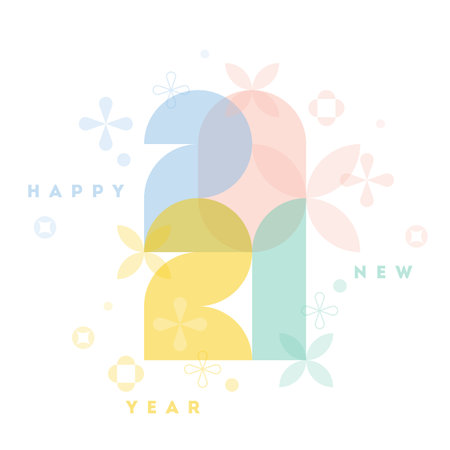 Happy New Year 2021. Elegant pastel colored numbers with geometric flowers and abstract floral decor...