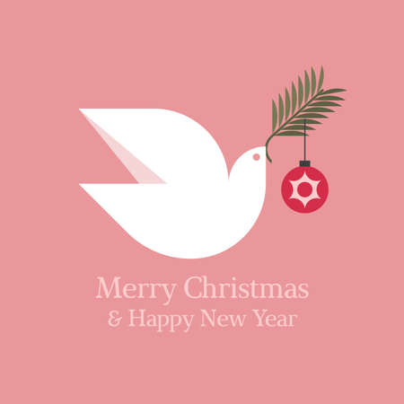 Elegant Christmas card with seasons greetings and white dove holding fir tree branch with christmas ballのイラスト素材