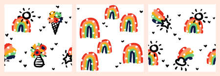 Set of seamless patterns in naive style with cute abstract rainbow, ice cream, flower bouquet, sun and star. Creative vector design for funny wallpaper or cool packagingのイラスト素材