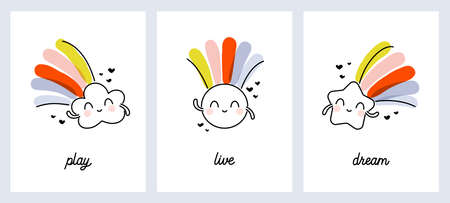 Creative vector illustrations set of cloud, sun and star with rainbows. Funny design for cute greeting card or cool poster. Editable strokeのイラスト素材