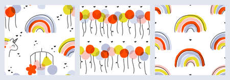 Seamless patterns set with cute rainbow, cheerful unicorn, multicolored balloons and elegant bed bell toy. Playful vector design for funny wallpaper or cool packaging. Editable strokeのイラスト素材