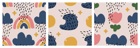 Abstract seamless patterns with hand drawn doodle objects and nature elements of weather conditions. Contemporary multicolored vector design for modern wallpaper or packagingのイラスト素材