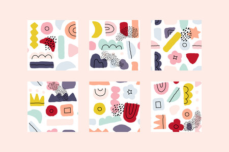 Abstract seamless patterns with hand drawn doodle objects and various organic shapes. Contemporary...