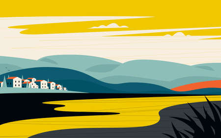 Elegant cityscape of small and cute city on a background of mountains gentle slopes at sunsetのイラスト素材